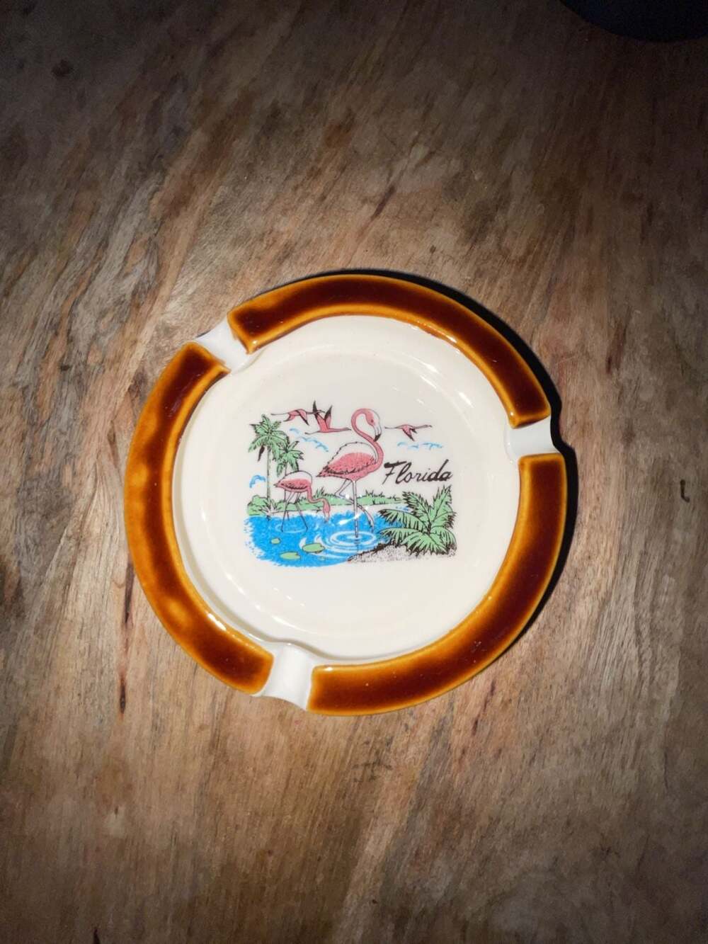 Vintage Florida Souvenir Ceramic Ashtray with Flamingo Graphic